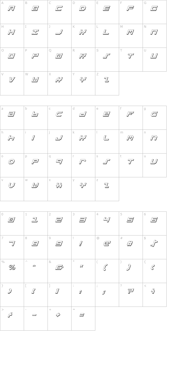 Stuntman Shadow Italic character map