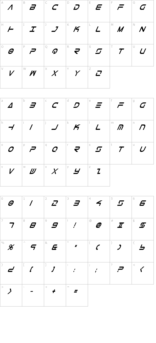 Tele-Marines Bold Condensed Italic character map