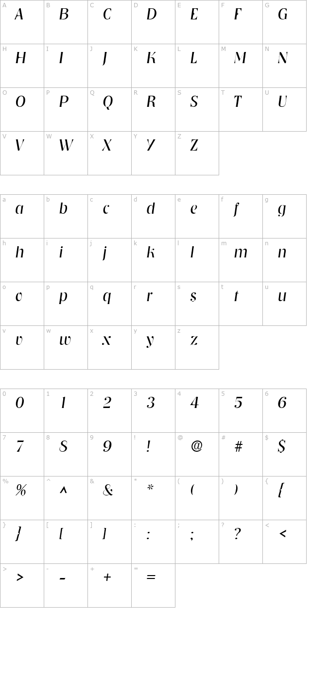 tennessee-light-sf-italic character map