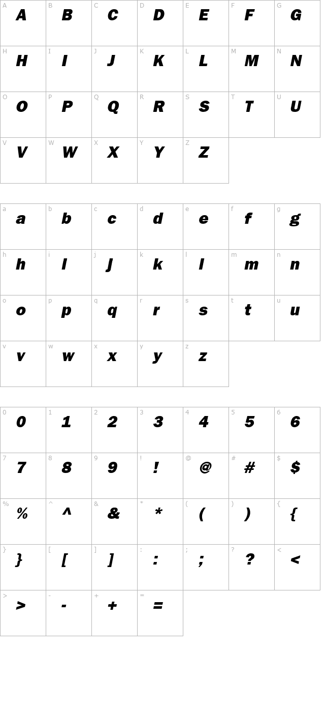 TR FrankfurtGothicHeavy Italic character map