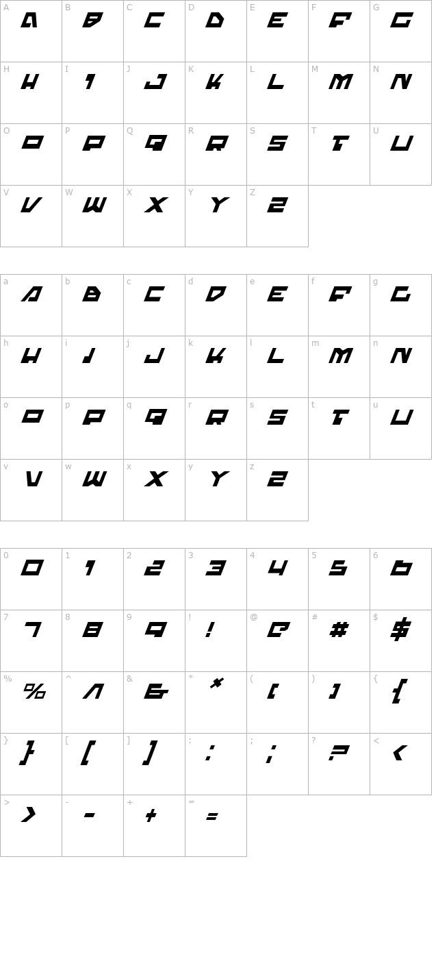 trajia-italic character map