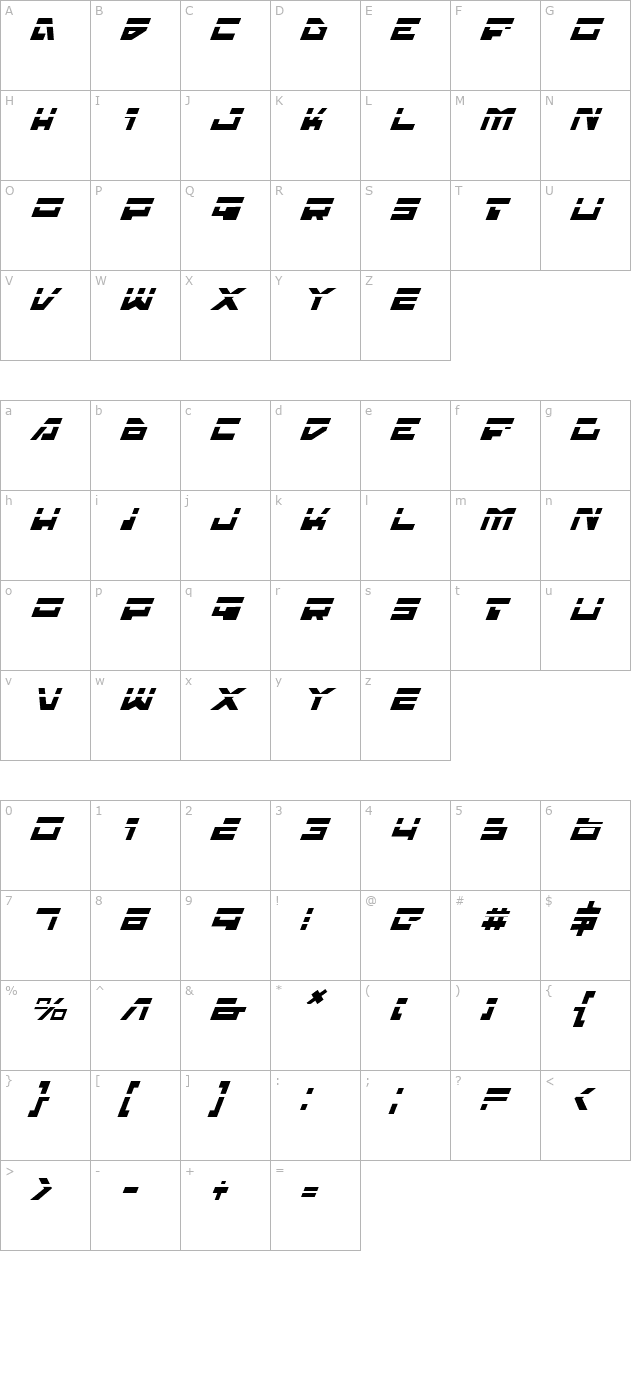 trajia-laser-italic character map