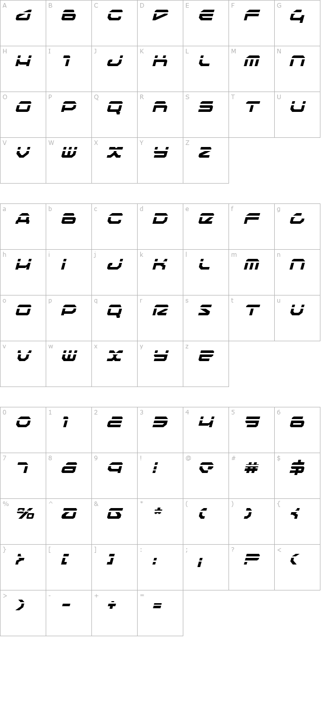 Traveler Laser Italic character map