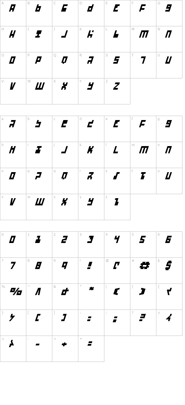 UFO Hunter Italic character map