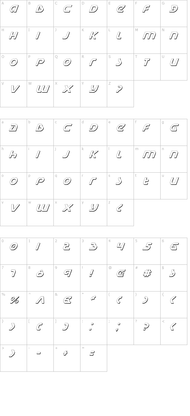 Universal Jack Shadow Italic character map