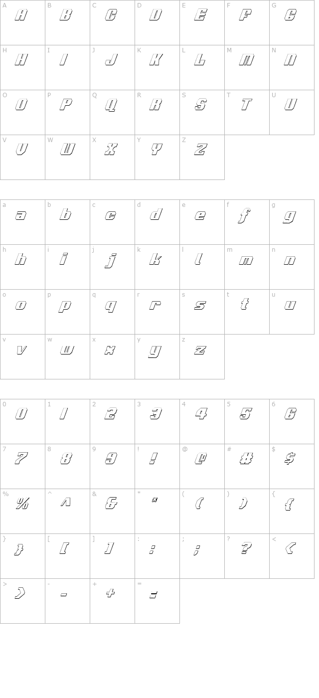 voortrekker-3d-condensed-italic character map