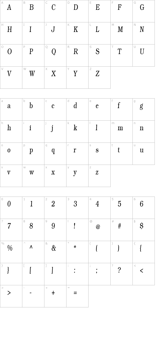 Weekdays Roman Slant character map